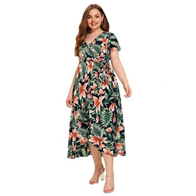 China Breathable Plus Size Floral Print Maxi Dress For Women Asymmetrical Empire Belted Casual V-Neckline Waist Polyester for sale