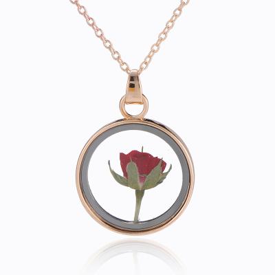 China Trendy Hot Selling Real Rose Necklace Gold Pendant Platinum Around Dry Flower Glass Jewelry Necklace for sale