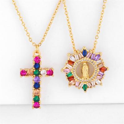 China Hot Selling Hiphop Colored Zircon Gold Madonna Jewelry Women Necklace Pendant Cross Chain for sale