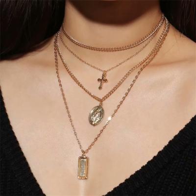 China FASHIONABLE Wholesale Fashion Gold Color Cross Necklace Pendant Multilayer Chain for sale