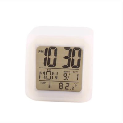 China Creative Colorful Color Alarm Clock Home Square Changing White Luminous LED Alarm Clock Small Class Electronic Clock for sale