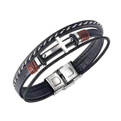 China Fashion 316 Stainless Steel Cuff Wholesale Leather Bangle Men's Fashion 316 Stainless Steel Cross Bracelet Custom Logo, OEM/ODM for sale