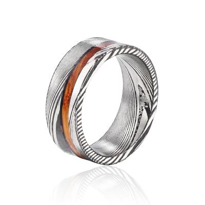 China Damascus Oak Wood Inlay Steel Jewelry Ring Mens Engagement Wedding Bands of TRENDY elegant designs, custom logo, OEM/ODM for sale