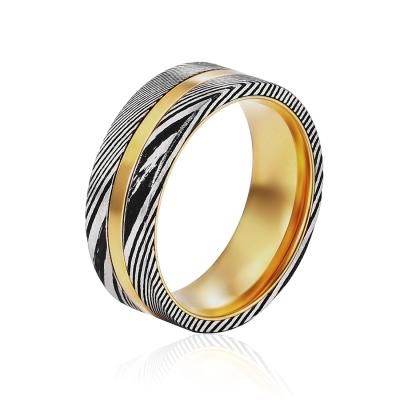 China TRENDY Stylish Designs Damascus Steel Ring Mens Engagement Wedding Bands 18K Gold Plated Jewelry, Custom Logo, OEM/ODM for sale