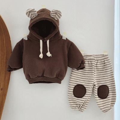 China Baby Smart Casual Cute Fleece Lined Suit Baby Bear Hooded Hoodie Striped Patch Two-Piece Pants for sale