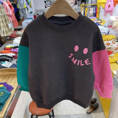 China Winter Korean Style Anti-Shrink Clothes Tops Children's Fashionable Color Matching Sleeves Personalized Smiley Face Pattern Fleece Sweater for sale