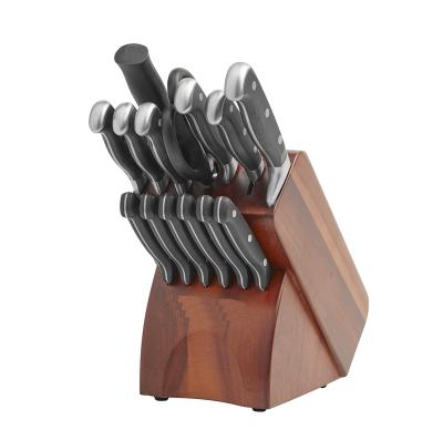 China Sustainable 14 piece kitchen knife set with stainless steel blades and high carbon pine wood block for sale