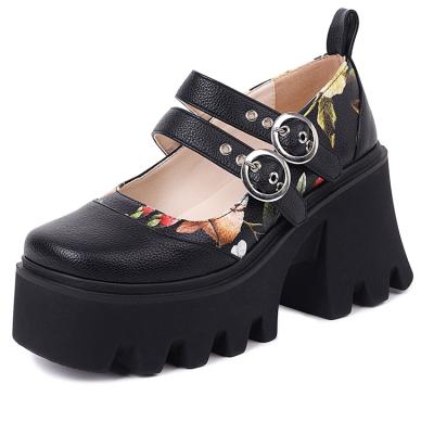 China Lightweight Women Pumps High Heels Adjust Toe Chunky Heel Buckle Black Mary Jane Street Shoes Platform Pumps for sale