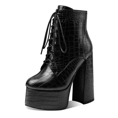 China Women Round Super High Heels Ankle Boots Winter Warm Fur Motorcycle Lace Up Platform Boots Female Shoes for sale