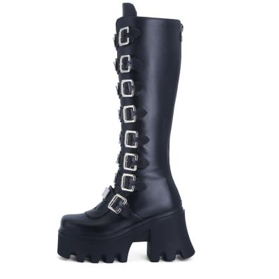 China Round Black Chunky Platform Square Toe High Heels Knee High Boots Booties Gothic Punk Style Autumn Winter Boots for sale