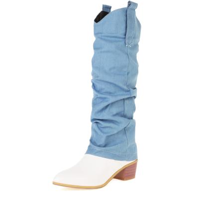 China Denim Round Knee High Boots For Women Round Toe Slip On Motorcycle Boots Autumn Winter Thigh High Boots for sale