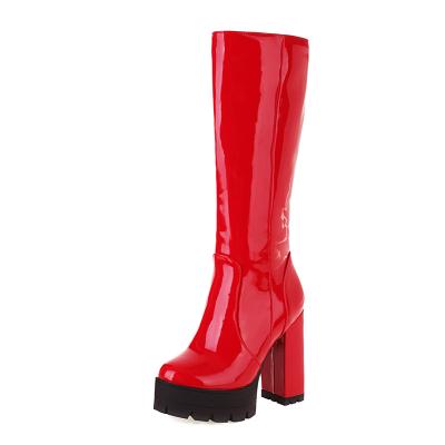 China Women Knee High Patent Leather Dance Boots Round Black Red Thigh High Ladies Boots for sale