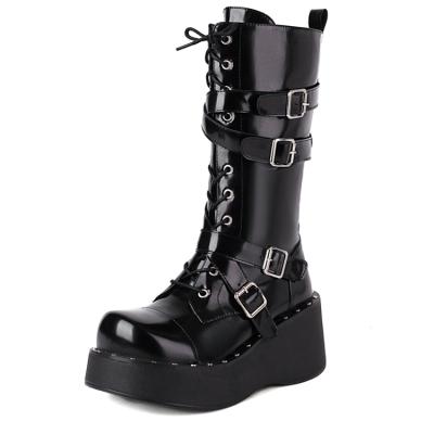 China Curvy Girls Women Fashion Knee High Boots Punk Style Lace Up Gothic Boots Black Zipper Dance Boots for sale