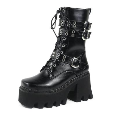 China Women Round Platform Shoes Combat Boots Chunky High Heels Punk Style Goth Boots Round Toe Lace Up Buckle Mid Calf Boots for sale