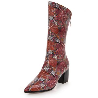 China Women Round Toe Mid Calf Boots Pointed Floral Printed Retro Chunky Heel Western Chelsea Shoes Warm Winter Boots for sale