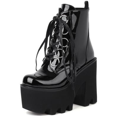 China Size 43 Big Round Platform Gothic Style Ankle Boots Lace Up Extreme High Block Heels Comfortable Walking Motorcycles Boots Shoes Woman for sale