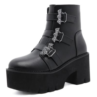 China Round Ankle Boots Women Metal Decoration Boots Women Platform Heels Black Gothic Ladies Buckle Strap Short Ankle Boots Plus Size for sale