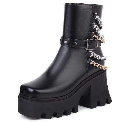 China Curvy Women's Shoes Platform Boots Punk Gothic Combat Boots Metal Chains Block Stunning High Heels Woman Motorcycle Boots for sale