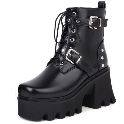 China Gothic Black Women Leather Round Chunky High Heels Platform Boots PU Lace Up Ankle Boots Female Punk Style for sale