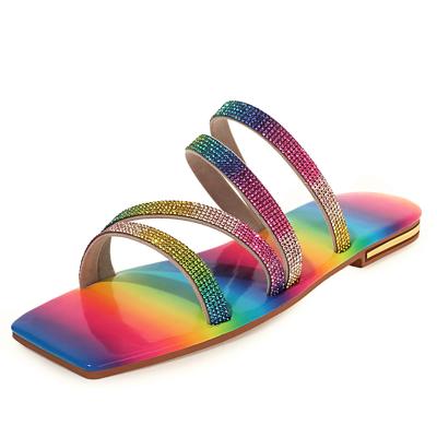 China Fashion Trend Women Slippers Rhinestones Ladies Bling Rainbow Flat Shoes Female Slides Flip Flops for sale