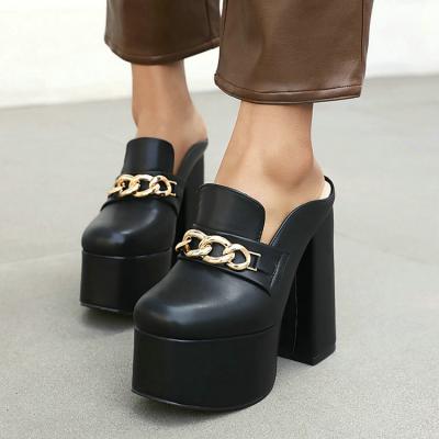 China Fashion trend plus block punk Chunky High Heels Gothic Women's Style Platform Slides Metal Chain Slippers Size 35-46 for sale