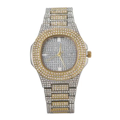 China Men's day/date hip hop zircon gold plated quartz watch with big calendar dial quartz watch for sale