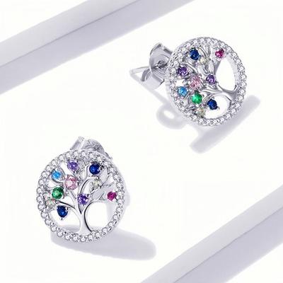 China Romantic Silver Colorful S925 Tree Of Life Ear Stud Colorful Zircon Elegant Silver Earrings for sale