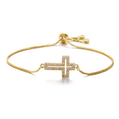 China TRENDY Real Gold Plated Decorative Hollow Cross Adjustable Design Bangle Bracelet European and American Christian Ornaments for sale