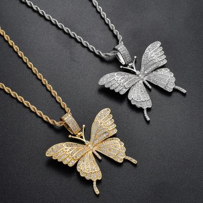 China Hip Hop Necklace Hip Hop Women Copper Inlaid Zircon Butterfly Gold Butterfly Pendant Necklace for sale