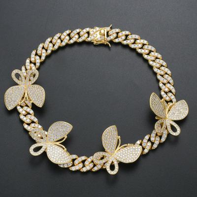 China Hip Hop Necklace Women Bling 18K Gold Plated Butterfly Cuban Necklace for sale