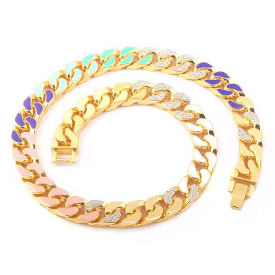 China Durable Bling Colorful Diamond Cuban Link Chain Hip Hop Jewelry Oil Drip for sale