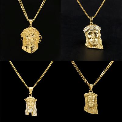 China Cuban Hip Hop Necklace Stainless Steel Chain 18K Gold Plated Jesus Pendant Necklace for sale