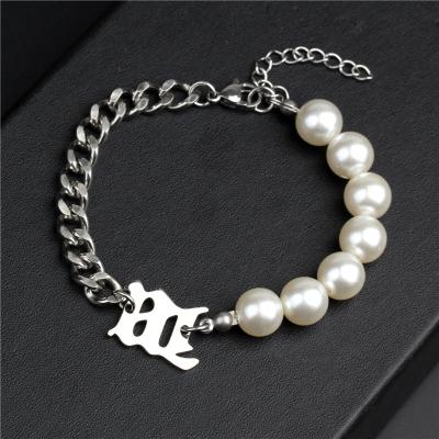 China High Quality Durable M Letter Pearl Woman Couples Cuban Bracelet For Hip Hop Stainless Steel Jewelry for sale