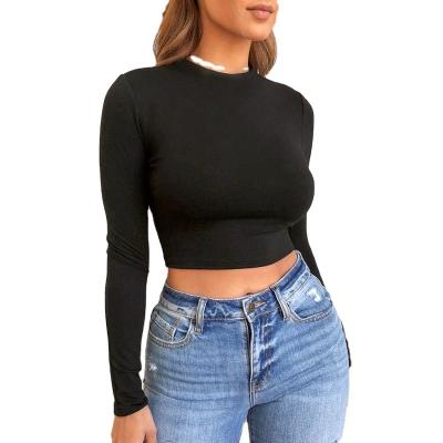 China Promotion Solid Color Regular Ladies Long Sleeve Basic Knitted Casual T-shirt Fashion Black White Crop Top Mid Long T-shirt for sale