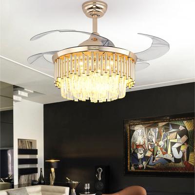 China 42/36 Inch Modern Residential Modern Dimming Gold Crystal Led Luxury Chandelier Ceiling Fan Remote Control Acrylic Lamp Te koop