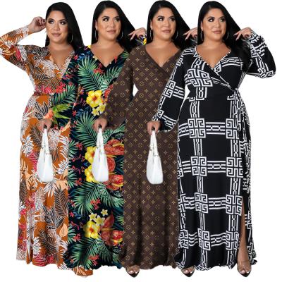 China Women's Clothing 2021 Manufacturer Design Breathable Women's Long Sleeve V-Neck Floral Printing Ladies Skater Dresses Plus Size Dress for sale