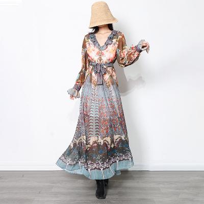 China New Breathable Wholesale Summer Style Floral Printing Dresses Women's Chiffon Pleated Long Dress for sale