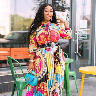 China Factory Price Breathable Hot Sale Fashion S to 3XL Printed Pleated Long Sleeve Plus Size Summer Africa Lady Floral Print Dress for sale