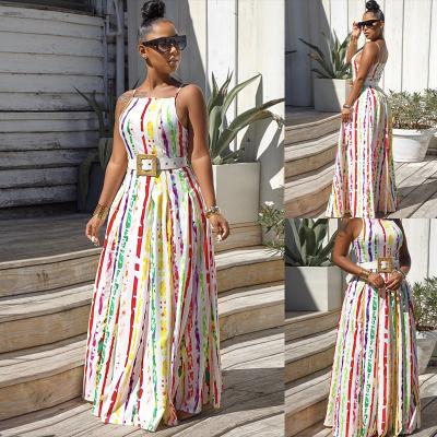 China Summer Vacation Sleeveless Print V-Neck Wrap Breathable Tropical Women Casual Dress Maxi Dress With Belt for sale