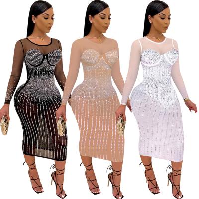 China 2021 Viable Elegant Long Sleeve Bodycon Style Night Club Party Dress Dresses High Quality Rhinestone Dress for sale