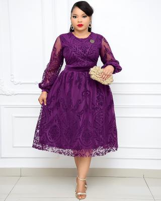 China 2021 New Fashion Elegant Round Neck Lantern Sleeve Anti-wrinkle Flocking Printing Purple Dress for sale