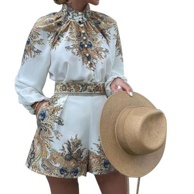 China New retro summer boutique women's long sleeve spring tops and shorts QUICK DRY and printing suits two-piece for sale