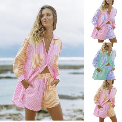 China QUICK DRY Stripe Wholesale Print Multicolor Button Down T-Shirt And Shorts Women Two Piece Set for sale