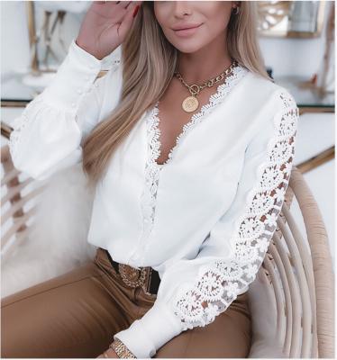 China Wholesale High Quality Casual Vintage Blouse Anti-wrinkle V-Neck Lace Ladies Elegant White Blouse Shirts For Women for sale