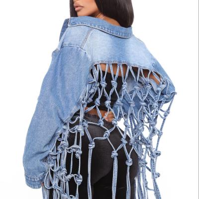 China Womens S To 5XL Waterproof Grid Back Fringe Plus Size Denim Jacket for sale