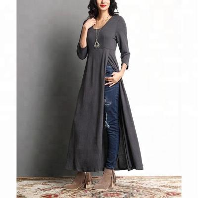 China Latest OEM Designs Anti-Static Wholesale Slit-Edge Womens Charcoal Cotton Empire-Waist Tunic Long Western Dresses for sale