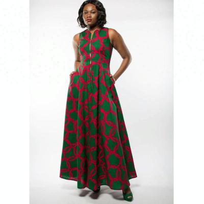 China OEM Wholesale Women Cotton Ankara Dress Long Maxi In Green African Print Traditional Dresses Designs for sale