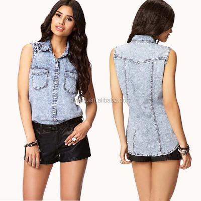 China 2014 late summer fashion women's denim shirt design hot sale denim shirt anti-pilling sleeveless shirt for sale