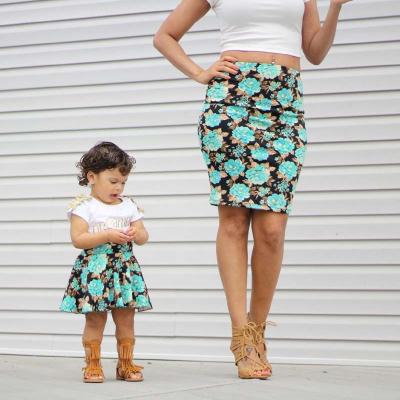 China Children is a line and adults is floral print short skirt matching pencil skirt mother and daughter clothes for sale