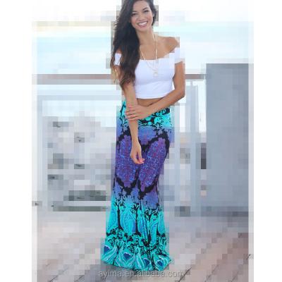 China Wholesale Plus Size OEM Fashion Latest Fold Over Waist Purple Printed Aqua Lady Long Maxi Skirt for sale